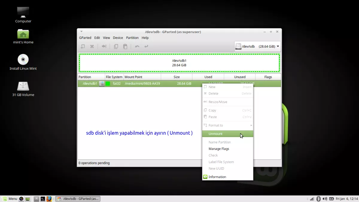 USB mini disk ( sdb) -
            Disk'in gprted programı ile bölümlere ayrılması,
            formatlanması ve swap alanı oluşturma işlemi