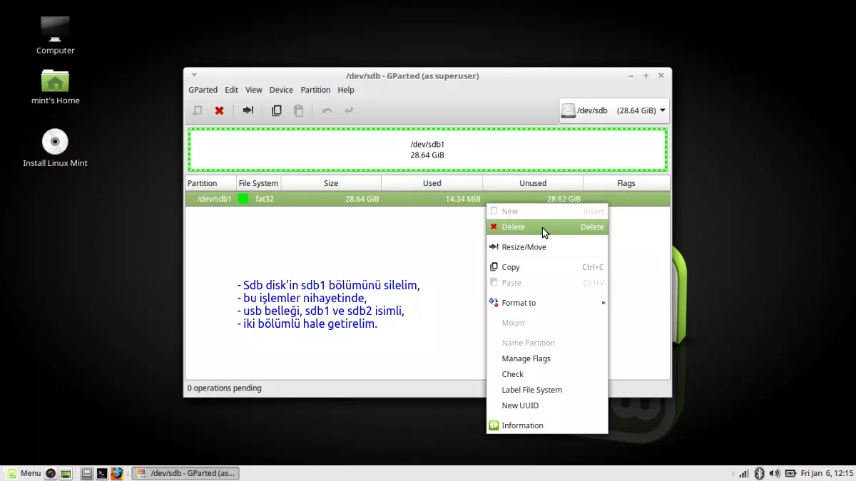 USB mini disk ( sdb) -
            Disk'in gprted programı ile bölümlere ayrılması,
            formatlanması ve swap alanı oluşturma işlemi