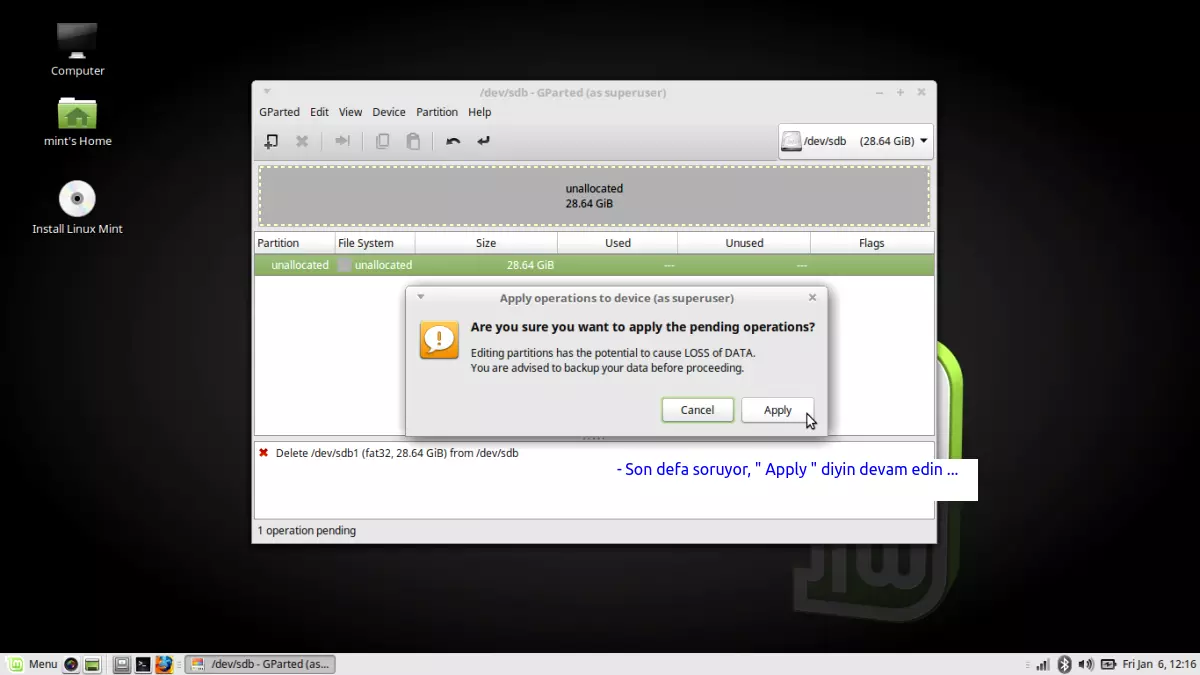 USB mini disk ( sdb) -
            Disk'in gprted programı ile bölümlere ayrılması,
            formatlanması ve swap alanı oluşturma işlemi