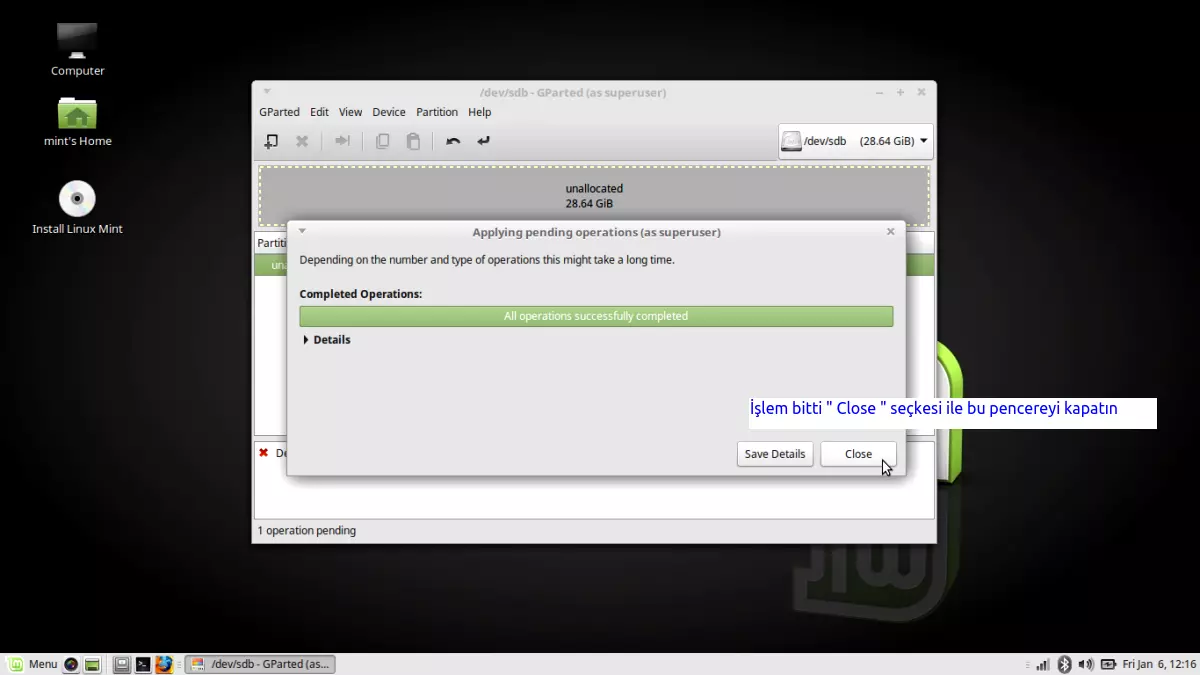 USB mini disk ( sdb) -
            Disk'in gprted programı ile bölümlere ayrılması,
            formatlanması ve swap alanı oluşturma işlemi