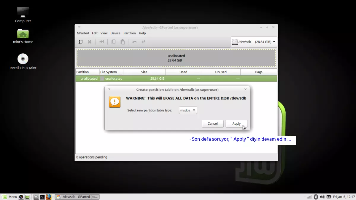 USB mini
            disk ( sdb) - Disk'in gprted programı ile bölümlere
            ayrılması, formatlanması ve swap alanı oluşturma işlemi