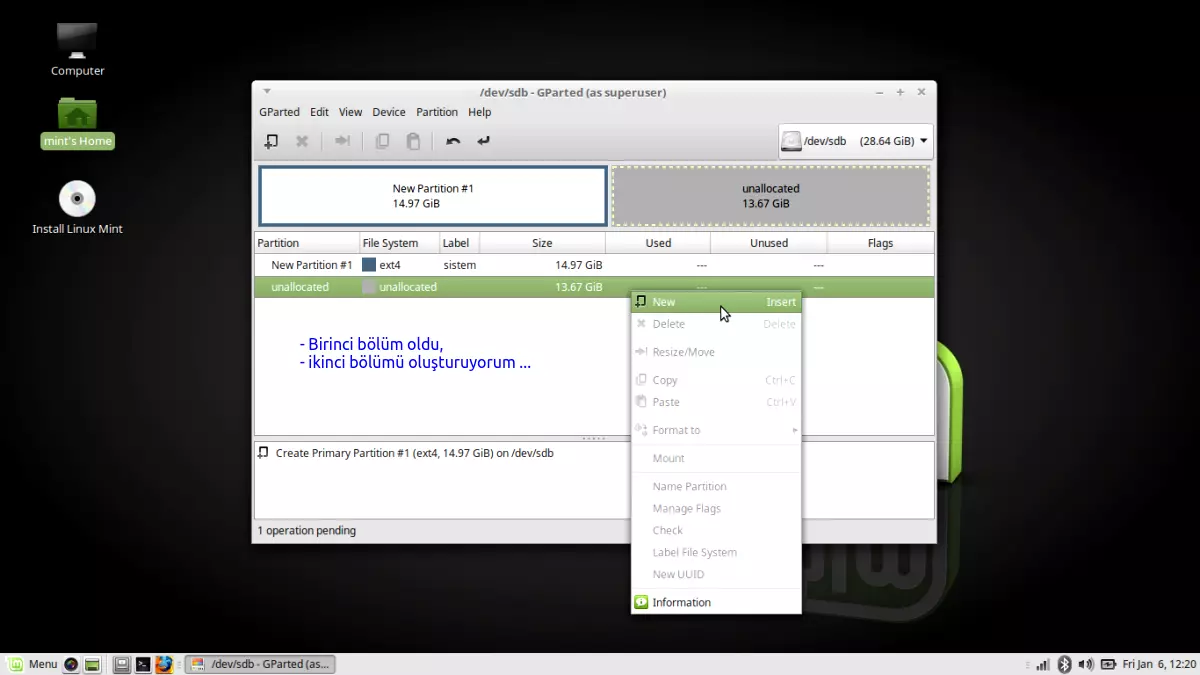 USB mini
            disk ( sdb) - Disk'in gprted programı ile bölümlere
            ayrılması, formatlanması ve swap alanı oluşturma işlemi