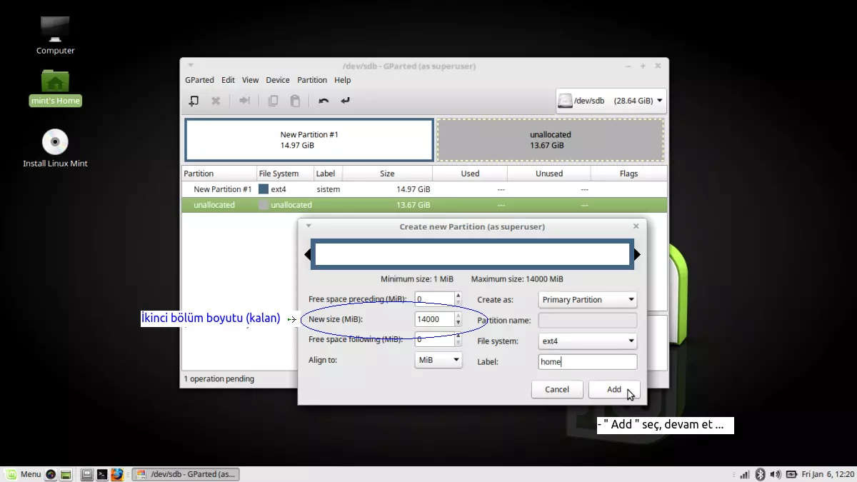 USB mini
            disk ( sdb) - Disk'in gprted programı ile bölümlere
            ayrılması, formatlanması ve swap alanı oluşturma işlemi