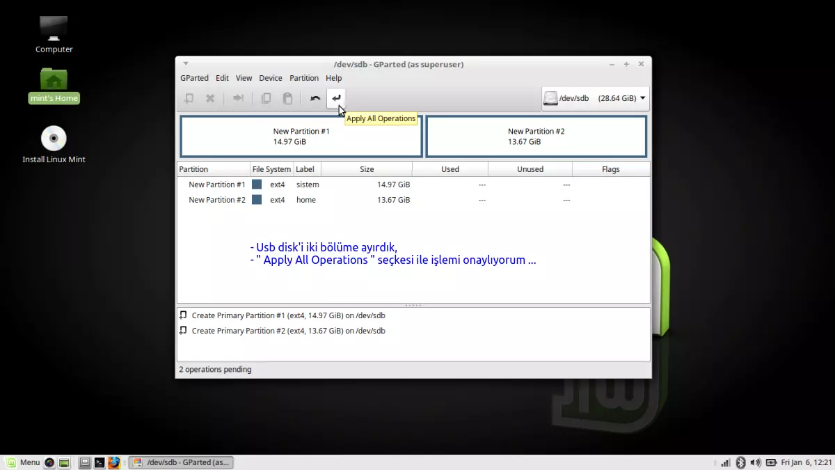 USB mini
            disk ( sdb) - Disk'in gprted programı ile bölümlere
            ayrılması, formatlanması ve swap alanı oluşturma işlemi
