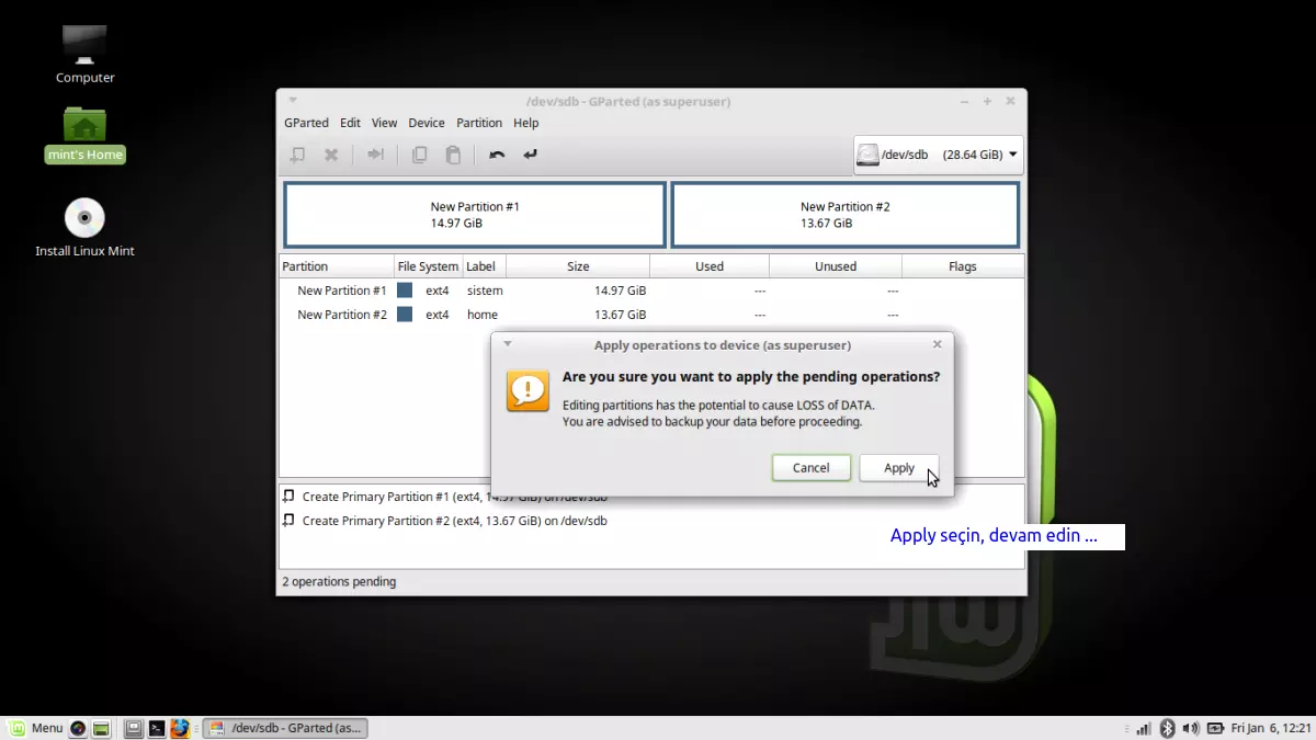 USB mini
            disk ( sdb) - Disk'in gprted programı ile bölümlere
            ayrılması, formatlanması ve swap alanı oluşturma işlemi