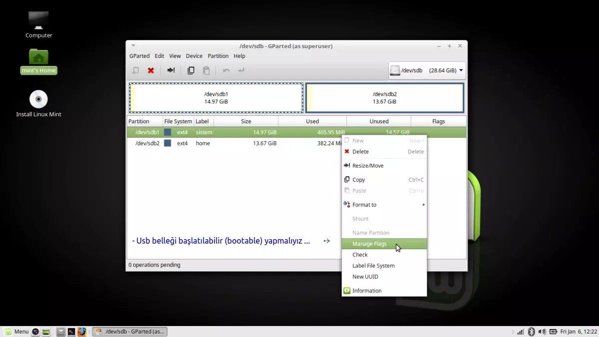 USB mini
            disk ( sdb) - Disk'in gprted programı ile bölümlere
            ayrılması, formatlanması ve swap alanı oluşturma işlemi