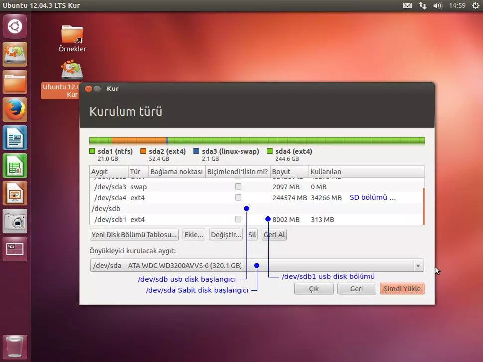 USB mini disk ( sdb) - Disk'i formatlayarak bir bölüm
            oluşturmak ve o disk bölümüne ( sdb1 ) Linux Ubuntu LTS
            bilgisayar işletim sistemi yüklemek